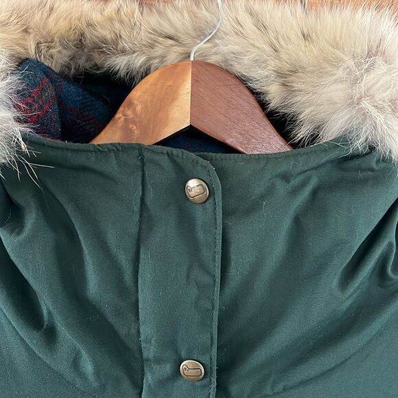 Woolrich Vintage Coyote Fur Trim Parka Green Plaid Lined Coat XL - Picture 13 of 16